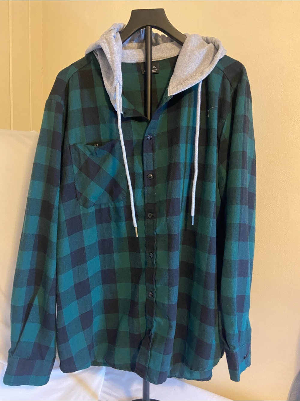 Men's Green & Black Plaid Hooded Flannel Shirt Jacket